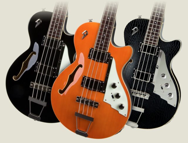 Duesenberg Starplayer Bass 半空心贝斯官方形象图（三款外观并列）